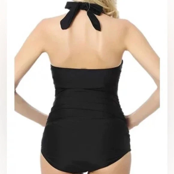 Kimi + Kai Women's Solid Black Tie Back Halter Neck One Piece Swimsuit sz M - Picture 3 of 5